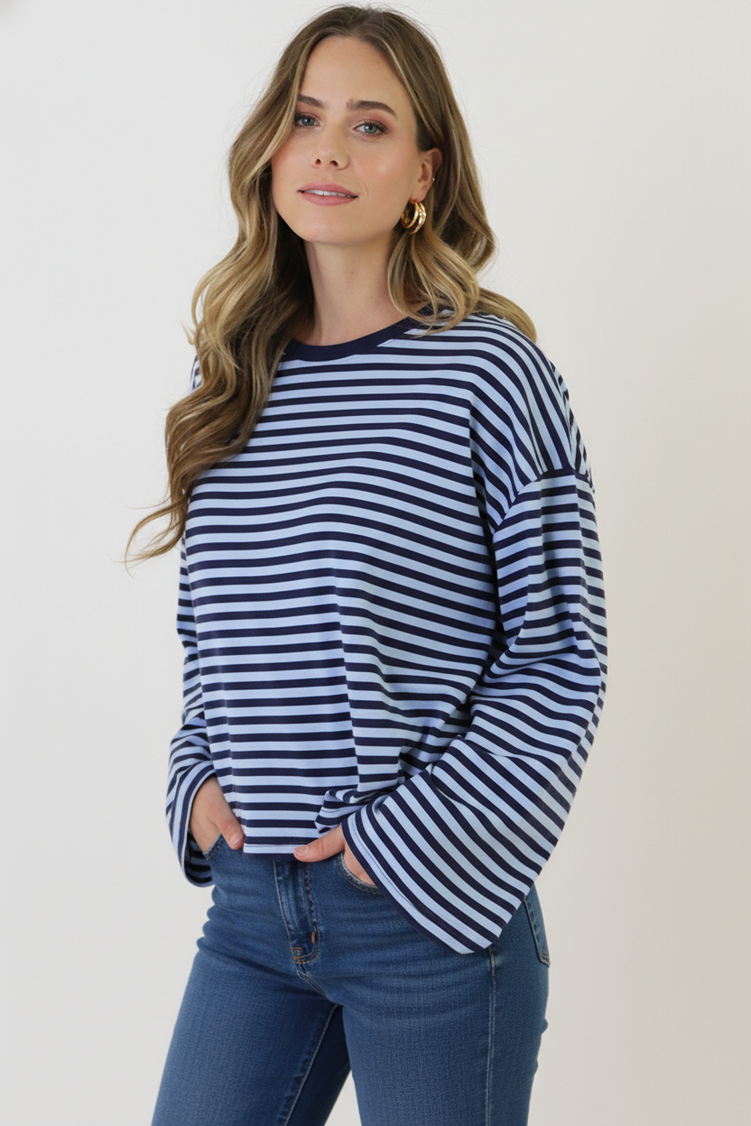 Oversized Gestreepte Katoenen Top Navy Baby Blue
