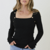Gold Button Ribbed Knit Top Black