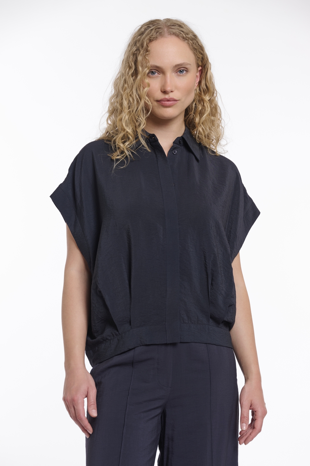 Rino - Pelle Boxy Capsleeve Top With Pleats In Waist Imela.7002 Blouse 10175 Dark Navy