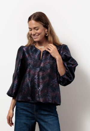 Studio Anneloes Eliza Wave Jacquard Top 13394 T-shirt Lange Mouw 6945 Dark Blue/ Vintage Berry