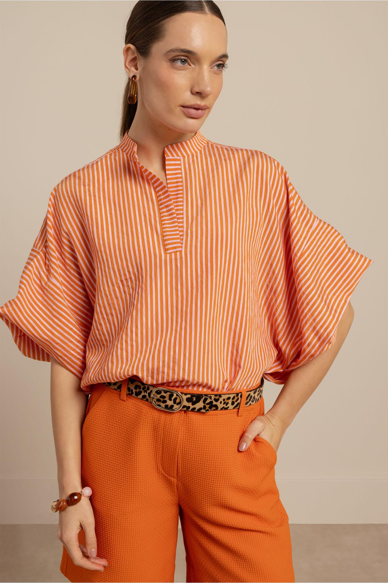 Studio Anneloes Laureen Stripe Poplin Blouse 13908 Blouse 2644 Orchid Orange/pop Pink
