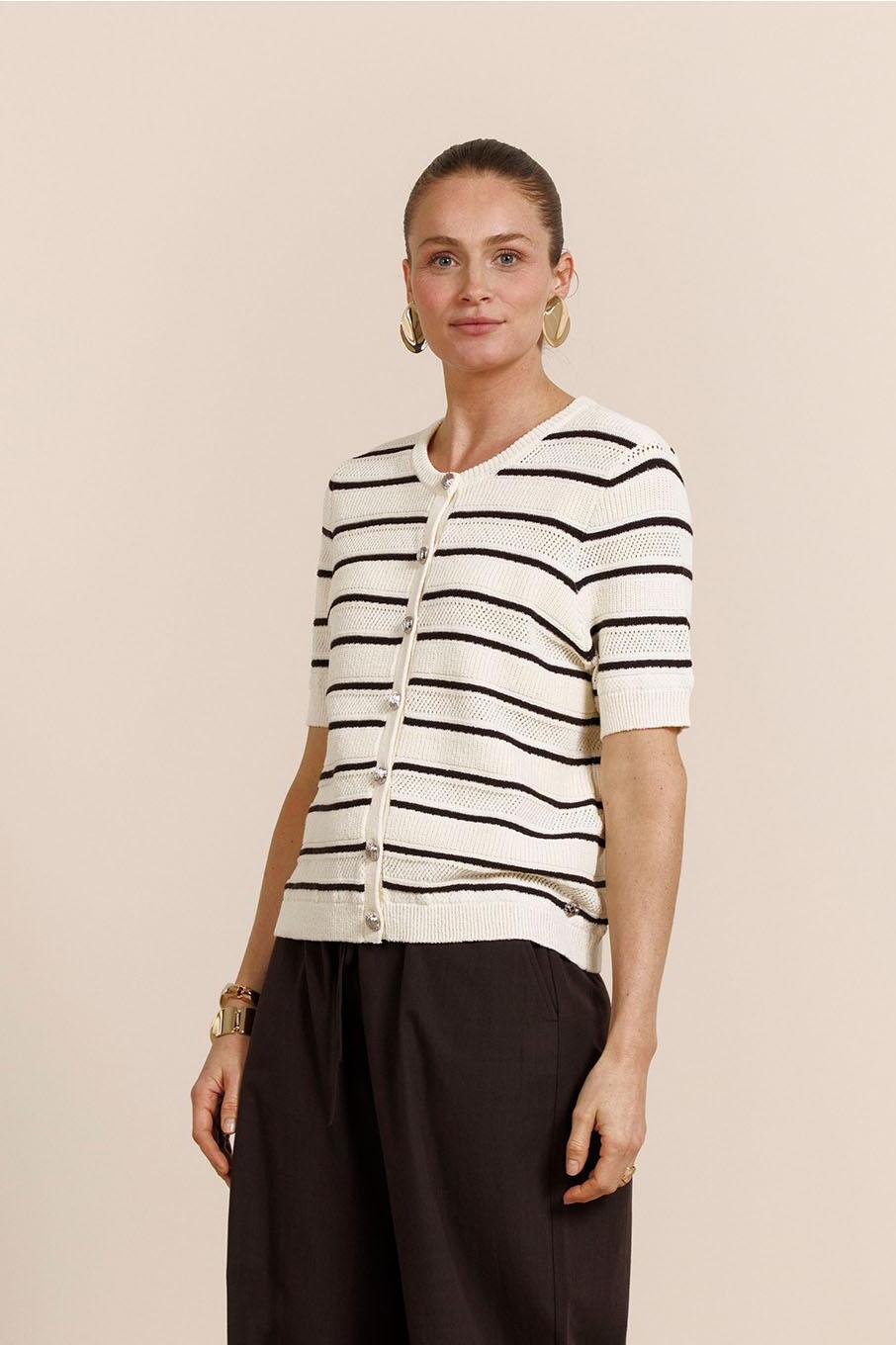 Studio Anneloes Yara Stripe Cardigan 13755 Vest 1787 Ecru/espresso