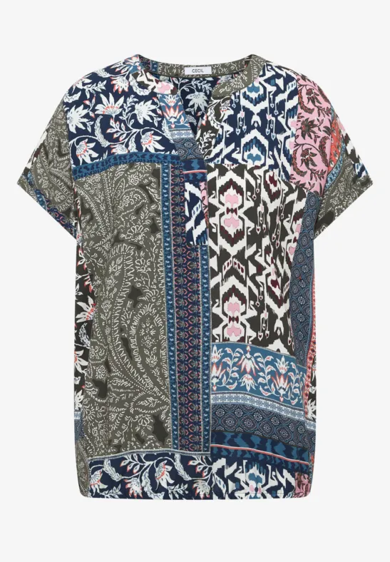 Blouse met korte mouwen en patchworkprint - Afbeelding 2