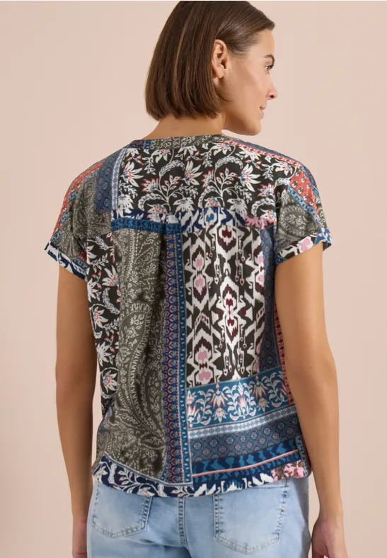 Blouse met korte mouwen en patchworkprint - Afbeelding 3