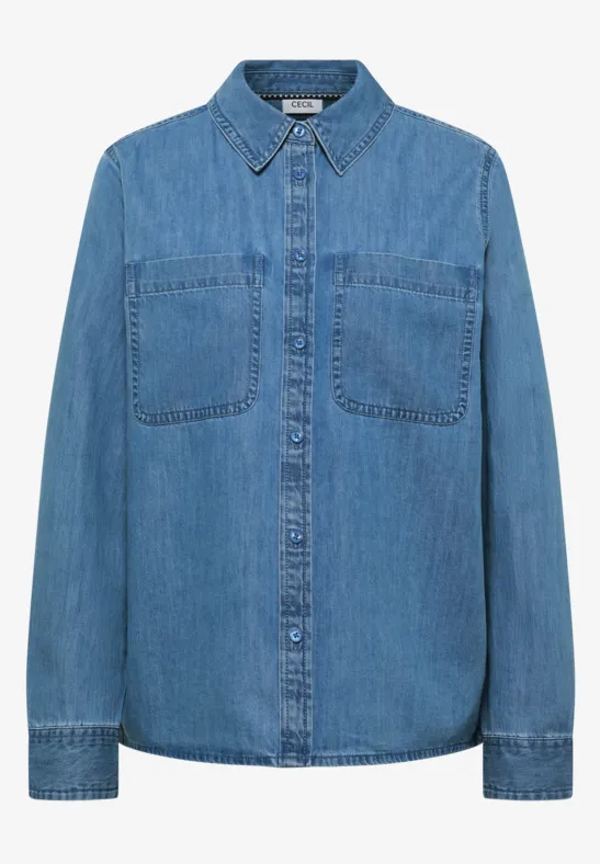 Blouse met overhemdkraag in denimlook - Afbeelding 2