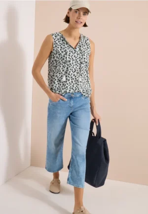 Blousetop met gespleten hals en palmboomprint