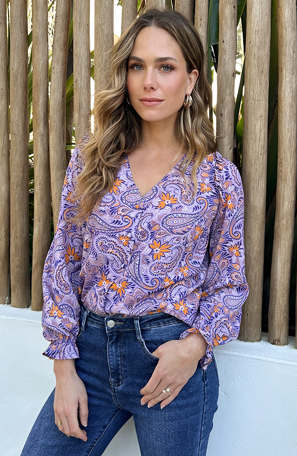 Button V-neck Paisley Blouse Lila - Afbeelding 2