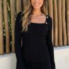 Gold Button Ribbed Knit Top Black - Afbeelding 2