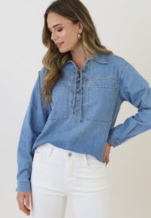 Katoenen Strik Blouse Jeans Blauw