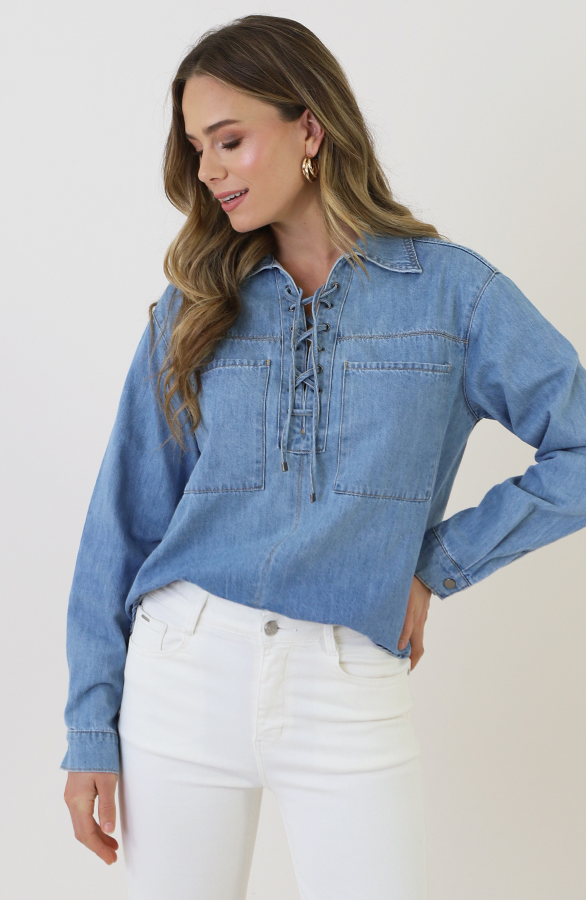 Katoenen Strik Blouse Jeans Blauw