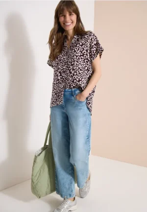 Overhemdblouse met leoprint in linnenmix