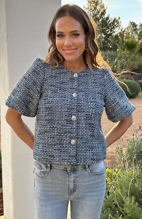 Tweed Puff Sleeve Jacket Blue - Afbeelding 2