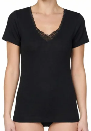 Entex dames thermo shirt korte mouw met kant - Wollen thermisch ondergoed dames