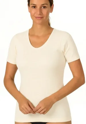 Entex dames thermo T-shirt korte mouw - Diepe ronde hals - Warm Wollen ondershirt