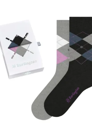 Burlington 2-paar dames sokken - Cadeau verpakking - Biologisch katoenen sokken met ruit print