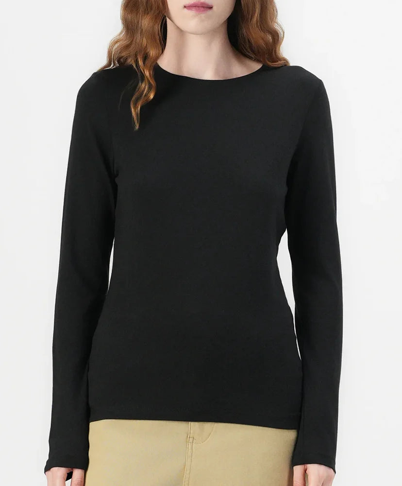Dames ondershirt lange mouw - Long Tee - Katoenen T-shirt lange mouwen - Wit - Zwart