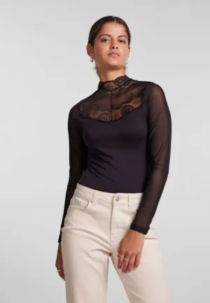 Kanten body lange mouw- Naya Bodystocking - Kanten bodysuit lange mouwen maat XS zwart