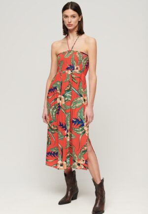 Midi-strandjurk met Smokwerk Rood Grootte: 40