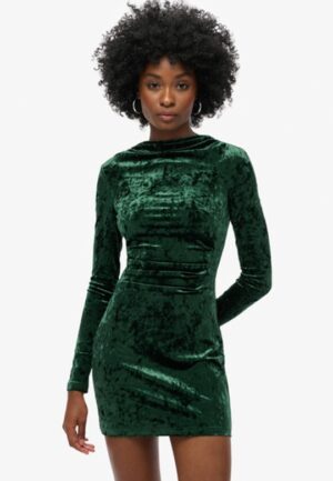 Fluwelen Mini-jurk met Lange Mouwen Groen Grootte: 44