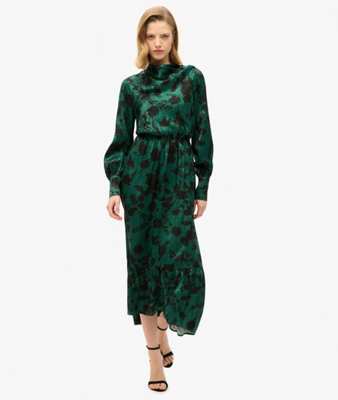 Maxi-jacquardjurk met col Groen Grootte: 40