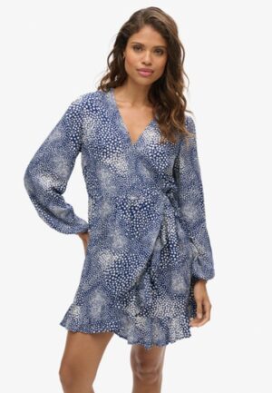Bedrukte Wikkelmini-jurk met Lange Mouwen Blauw Grootte: 44