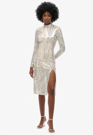Midi-jurk met Open rug en Lange Mouwen Silver Grootte: 40