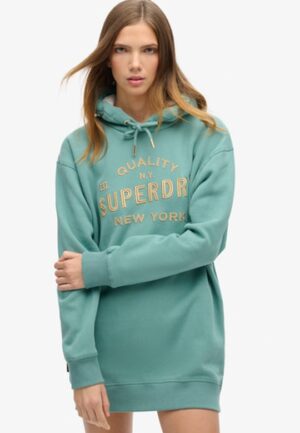 Luxe Jurk met Capuchon en Metallic Logo Groen Grootte: 34-36