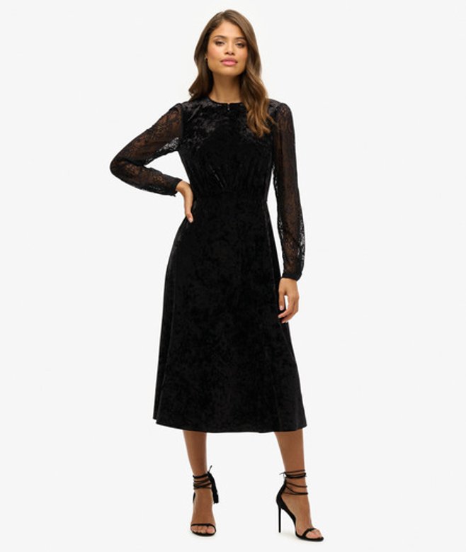 Fluwelen Midi-jurk met Kanten Mouwen Zwart Grootte: 38