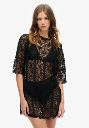 Beach Cover Up Mini-jurk met Kanten Details Zwart Grootte: 14-16