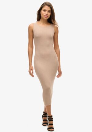 Rugloze Gebreide Midi-jurk Beige Grootte: 44