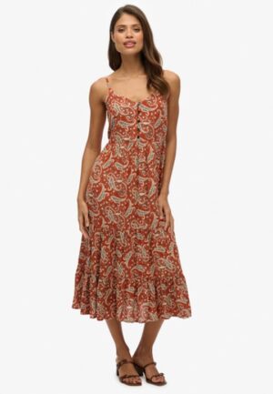Gelaagde Midi-jurk met Halve Knoopsluiting Brown Grootte: 36