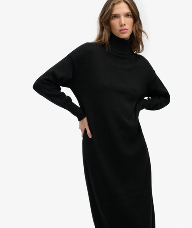 Rolkraag Midi Trui Jurk Black Grootte: 36