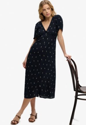 Bedrukte Midi-jurk met Knopen en Korte Mouwen Blauw Grootte: 42