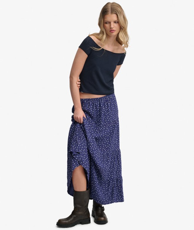 Geweven Gelaagde Maxi Rok Blauw Grootte: 40