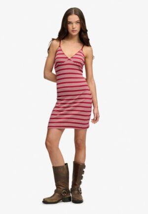 Gestreepte Ribjersey Minijurk Red Grootte: 36