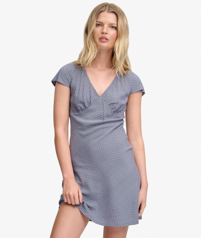 Geprinte Mini-jurk met Sweetheart Hals Blue Grootte: 34