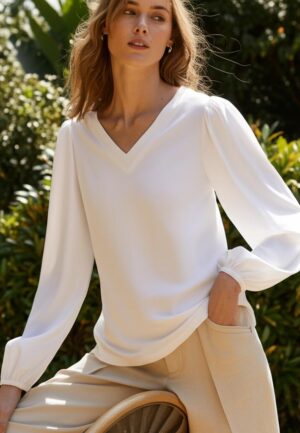 Helena Hart 7654 - Top V-neck Transfer T-shirt Lange Mouw Wit