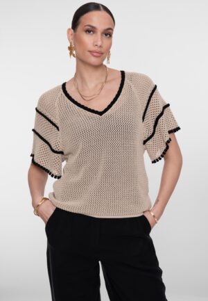 Geisha Pullover Raglan V-neck 64050-23 Trui Korte Mouw 721 Light Sand/black