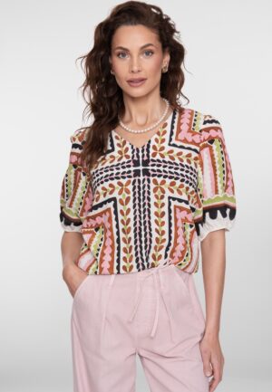 Geisha Top 63255-20 T-shirt Korte Mouw 718 Ecru/pink/cactus