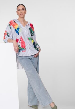Geisha Blouse Stripes & Birds 63162-70 Blouse 600 Light Blue/off-white/pink/green
