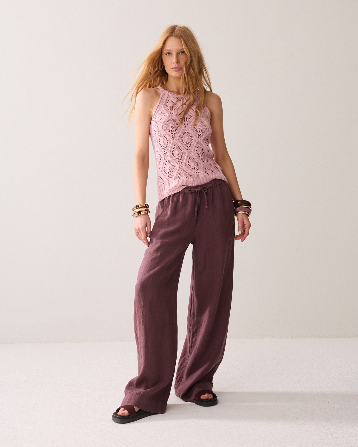 Summum Wideleg Pant Light Linen 4s2984-12477 Broek 334 Deep Fig