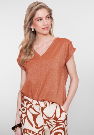 Geisha T-shirt Lurex V-neck 62351-24 T-shirt Korte Mouw 202 Ginger