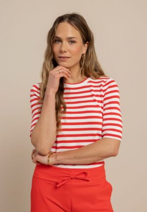 Studio Anneloes Luna Stripe Sl Pullover 13827 Trui Korte Mouw 2811 Coral Red/offwhite