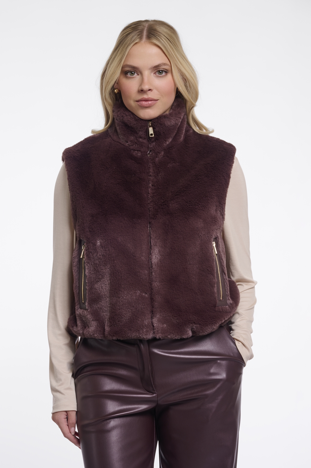 Rino - Pelle Nikki.7002611 Short Faux Fur Waistcoat Vest 10873 Chocolate Bean