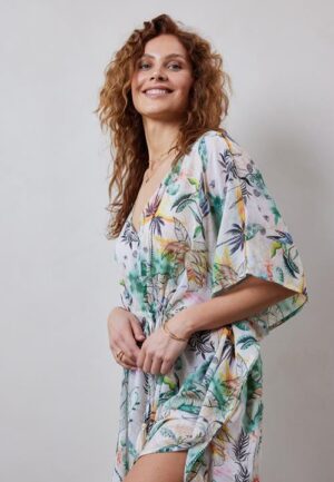 Alternative view of Kaftan long Offwhite with Palm festival print