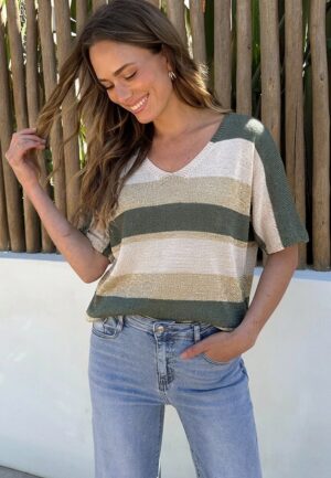 Lurex Strepen Top Army Goud