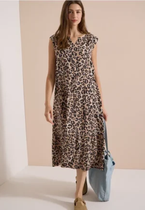 Midi-jurk met split in de hals en luipaardprint