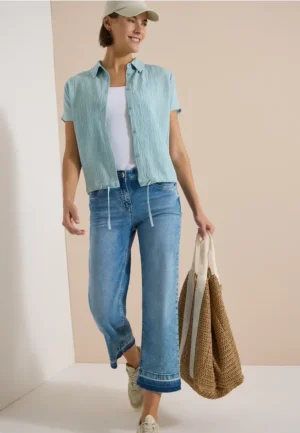 Overhemdblouse met hangende schouder in effen kleur