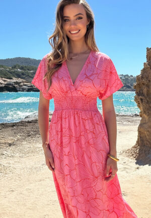 V-Hals Maxi Print Jurk Anouk Fuchsia Rood