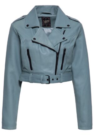 Queen Kerosin Cropped Leather Jacket Turquoise-XL